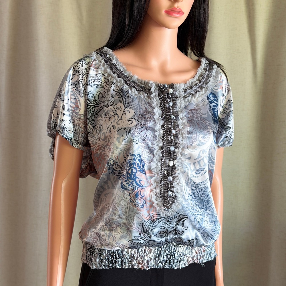American Rag Cie Womens 2X Paisley Ruffle Smocked Blouson Blouse Peasant Top